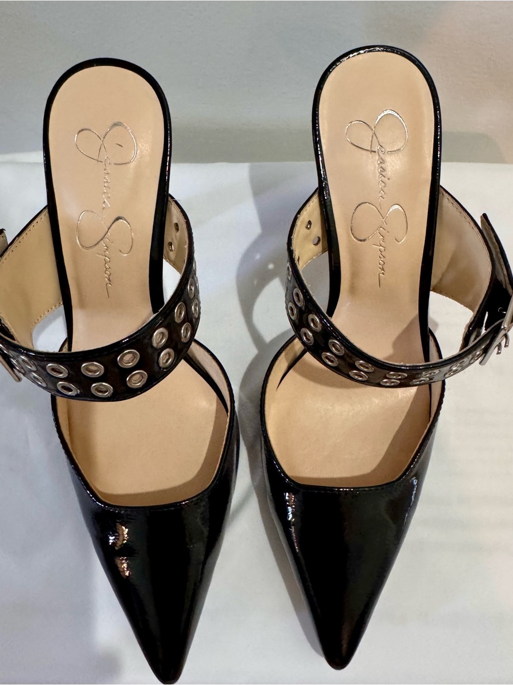 Jessica Simpson Black Patent Pointed-Toe Mule with Grommet Strap Detail